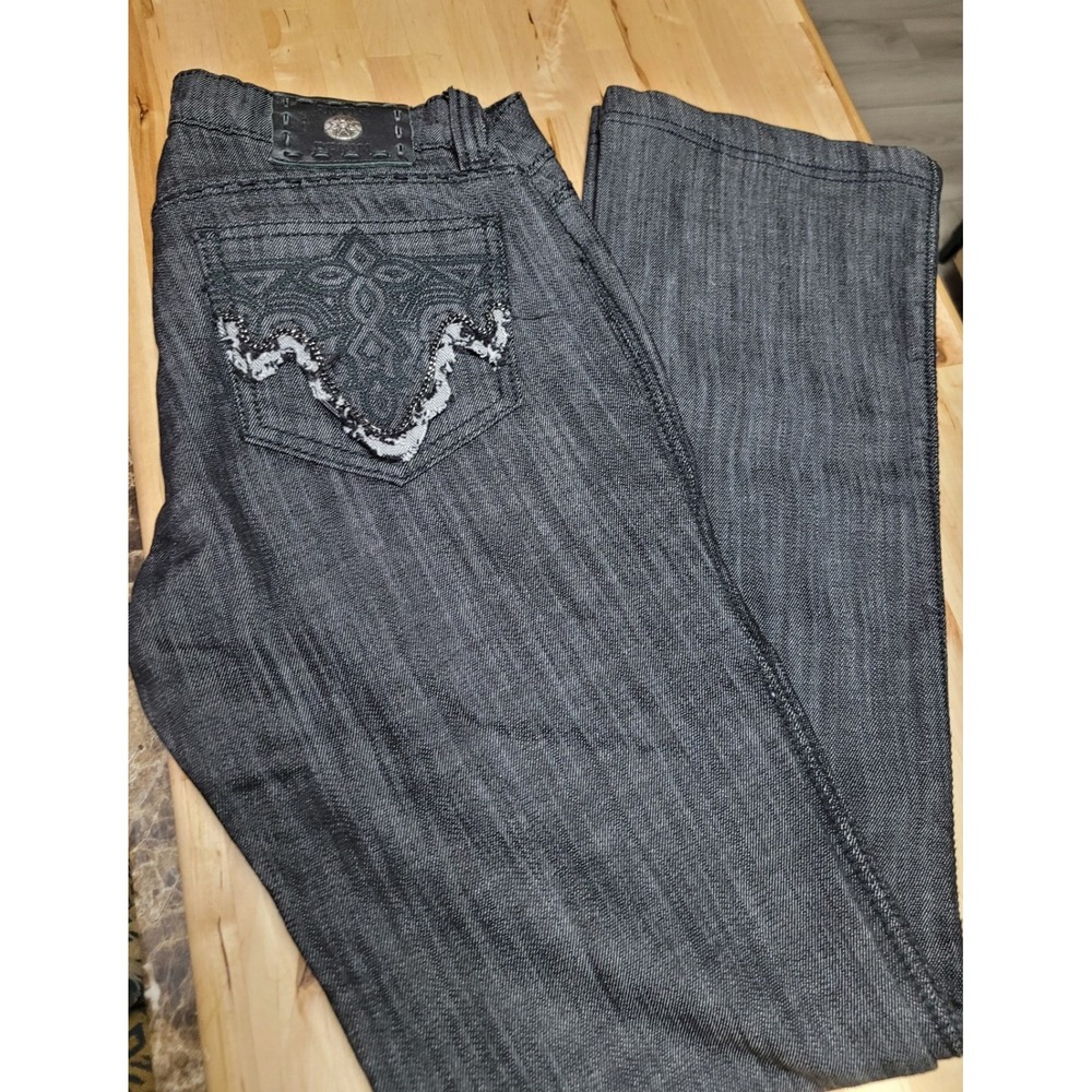 Antik Denim Womens Black Embroidered Chain Pocket Straight Leg Jeans Size 27 USA